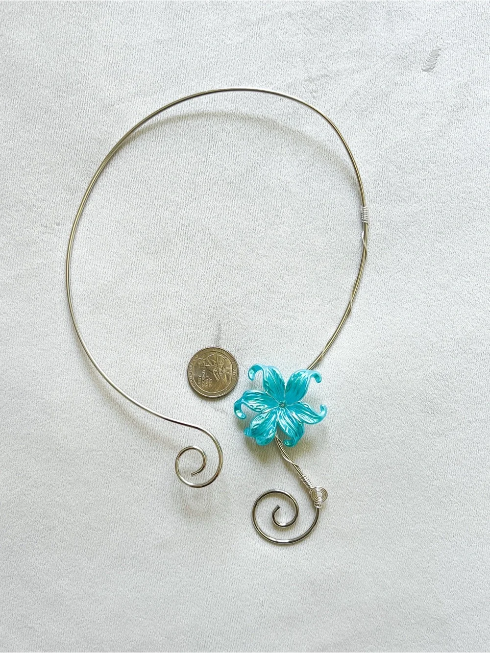 Handmade Silver Neck Torque with Turquoise Flower Accent